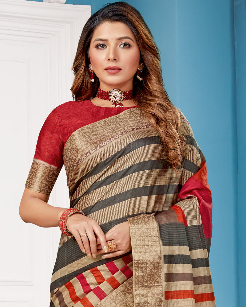 Vishal Prints Light Brown Poly Cotton Digital Print Saree With Fancy Border