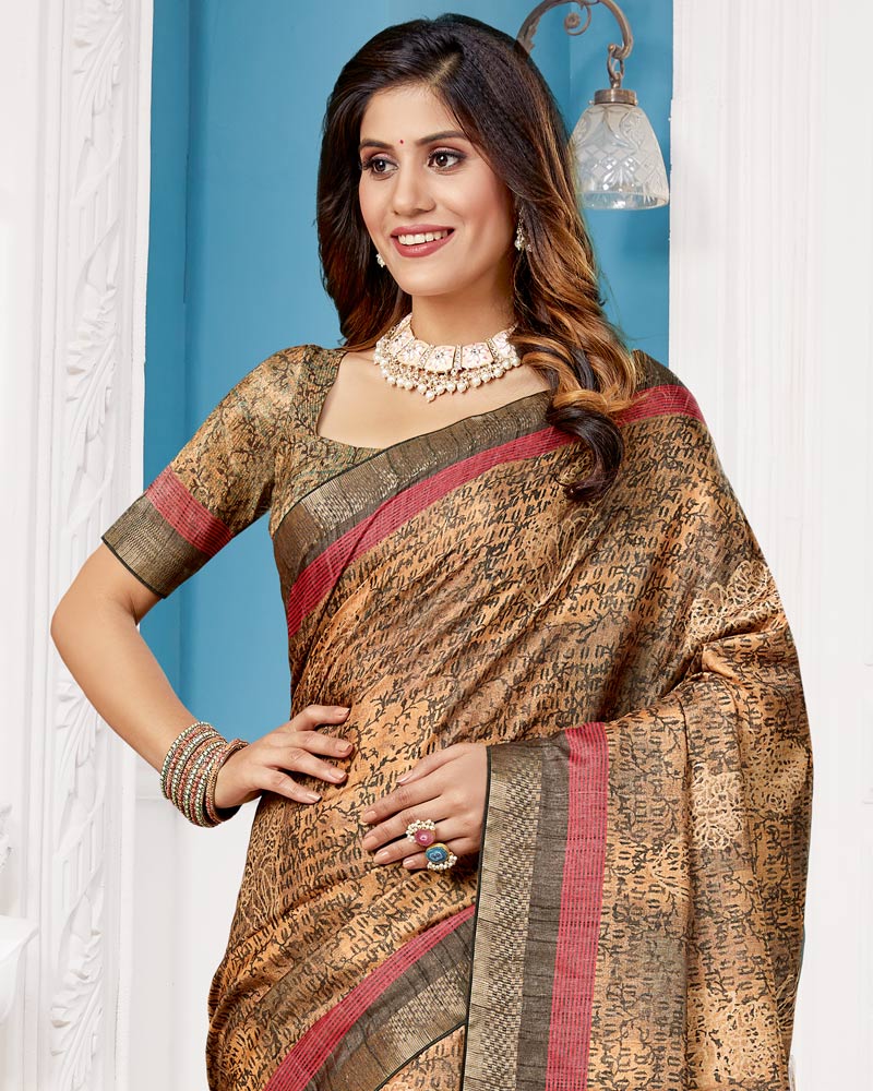 Vishal Prints Sand Brown Poly Cotton Digital Print Saree With Fancy Border