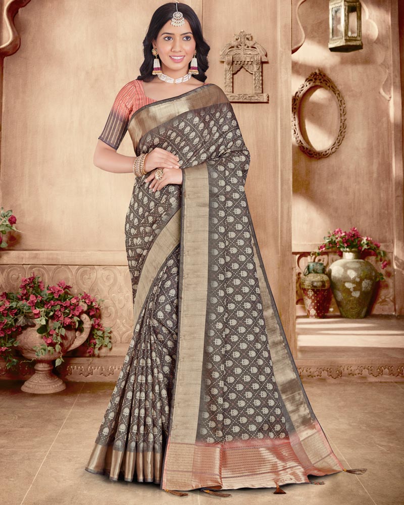 Vishal Prints Dark Grey Designer Poly Cotton Saree With Weaved Border And Tassel