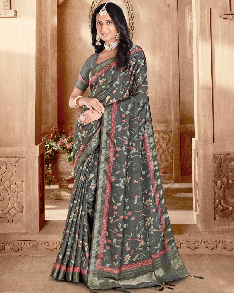 Vishal Prints Charcoal Grey Designer Poly Cotton Saree With Weaved Border And Tassel