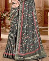 Vishal Prints Charcoal Grey Designer Poly Cotton Saree With Weaved Border And Tassel