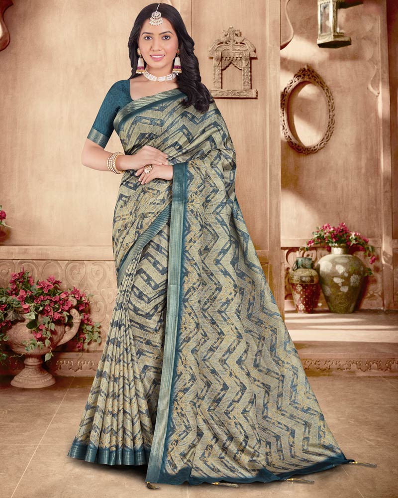 Vishal Prints Peacock Blue Designer Poly Cotton Saree With Weaved Border And Tassel