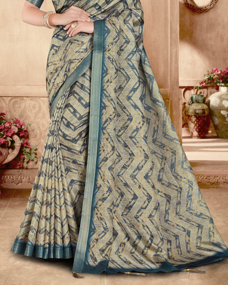 Vishal Prints Peacock Blue Designer Poly Cotton Saree With Weaved Border And Tassel