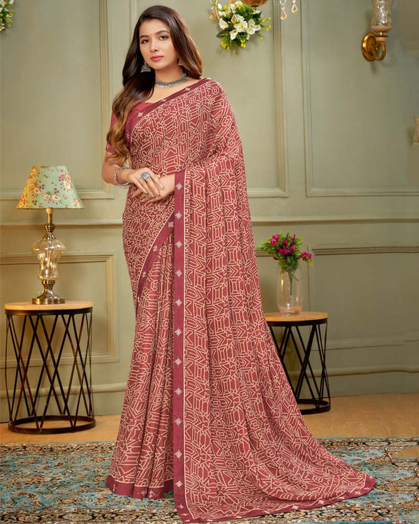 Vishal Prints Chestnut Brown Printed Criva Crepe Saree With Fancy Border