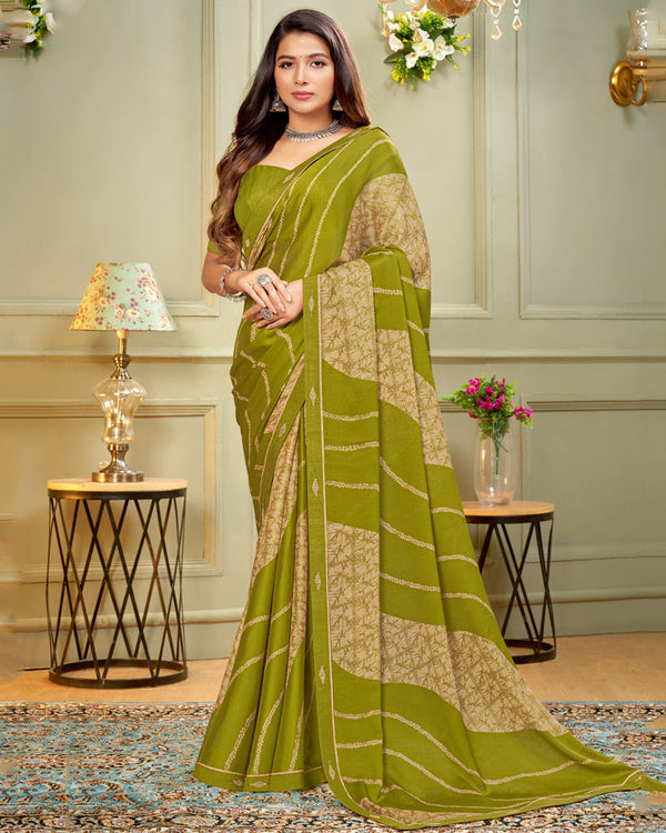 Vishal Prints Olive Green Printed Criva Crepe Saree With Fancy Border