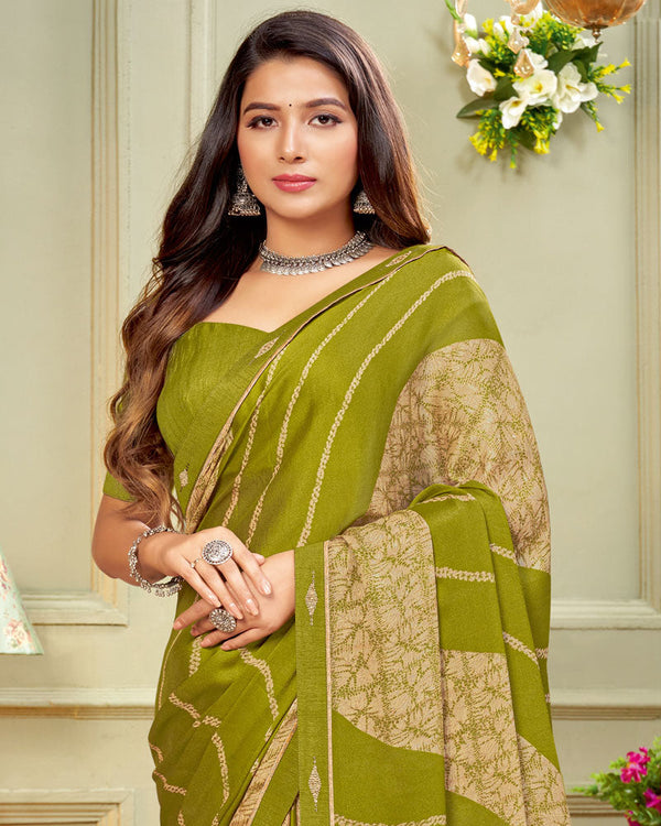 Vishal Prints Olive Green Printed Criva Crepe Saree With Fancy Border