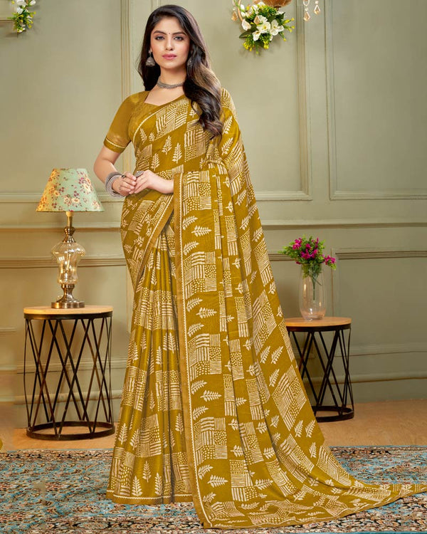 Vishal Prints Dark Mustard Printed Criva Crepe Saree With Fancy Border