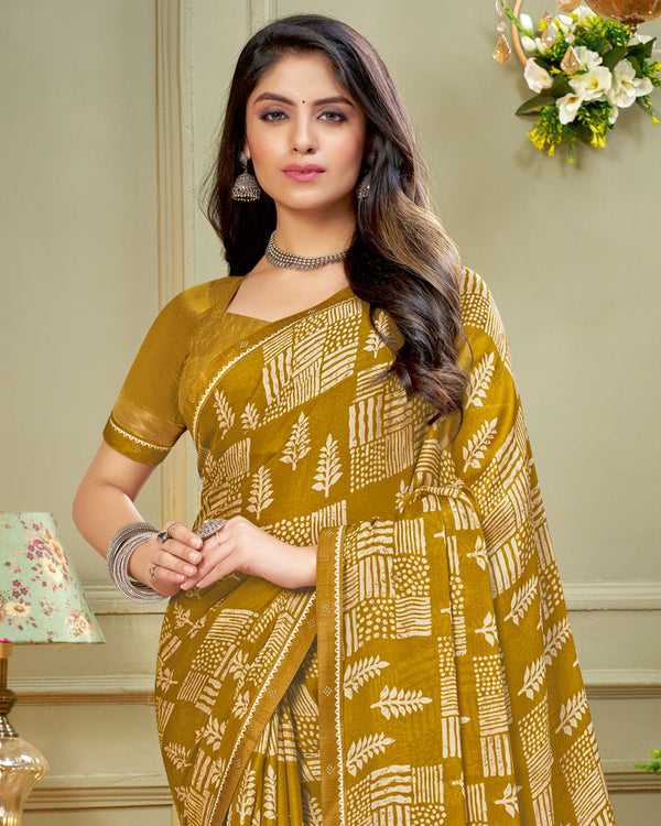 Vishal Prints Dark Mustard Printed Criva Crepe Saree With Fancy Border