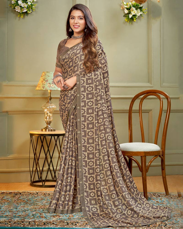 Vishal Prints Pastel Brown Printed Criva Crepe Saree With Fancy Border