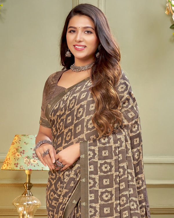 Vishal Prints Pastel Brown Printed Criva Crepe Saree With Fancy Border