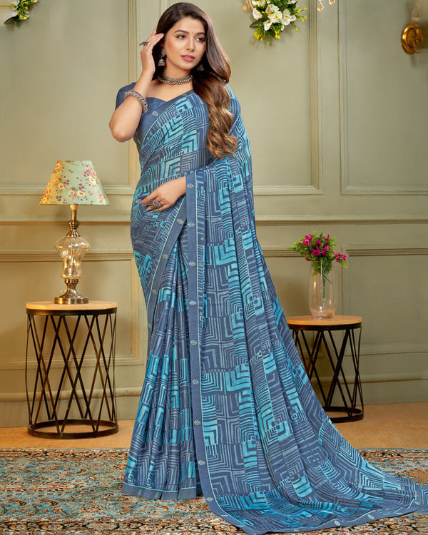 Vishal Prints Dusty Blue Printed Criva Crepe Saree With Fancy Border