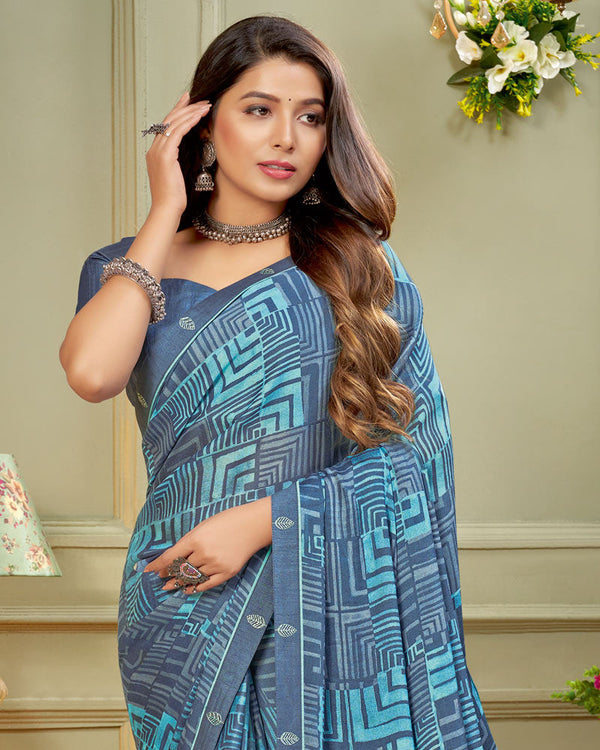 Vishal Prints Dusty Blue Printed Criva Crepe Saree With Fancy Border