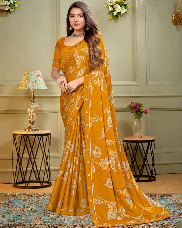 Vishal Prints Ochre Printed Criva Crepe Saree With Fancy Border