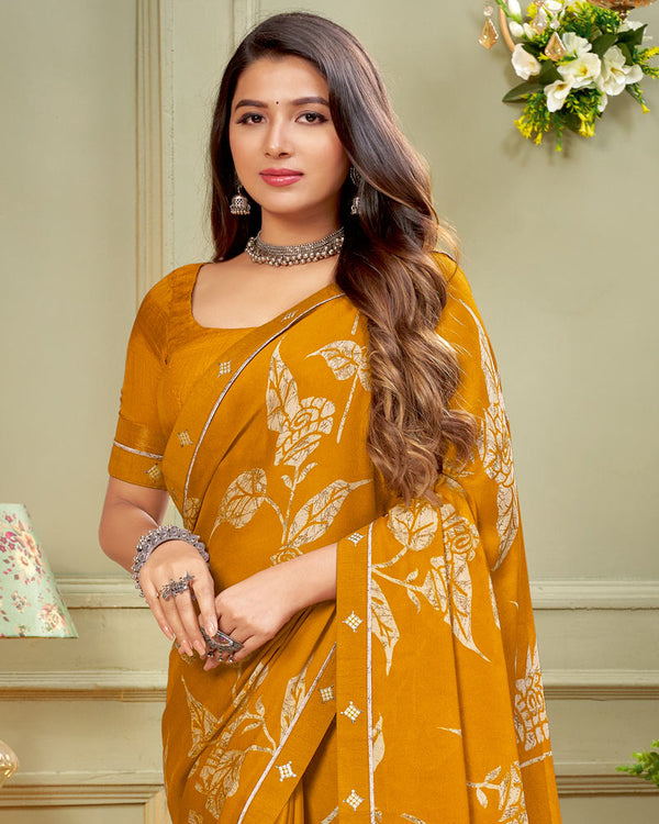 Vishal Prints Ochre Printed Criva Crepe Saree With Fancy Border