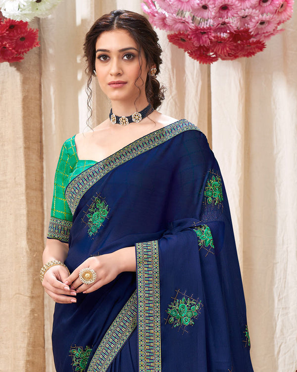 Vishal Prints Blue Chiffon Saree With Embroidery Work And Fancy Border