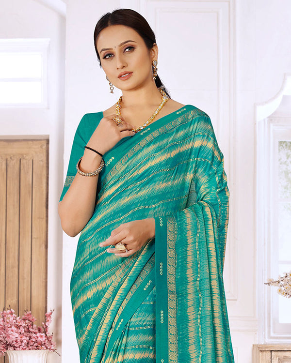 Vishal Prints Teal Green Printed Chiffon Saree With Foil Print And Fancy Border