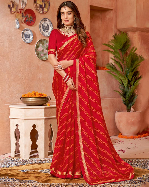 Vishal Prints Cherry Red Printed Chiffon Saree With Fancy Border