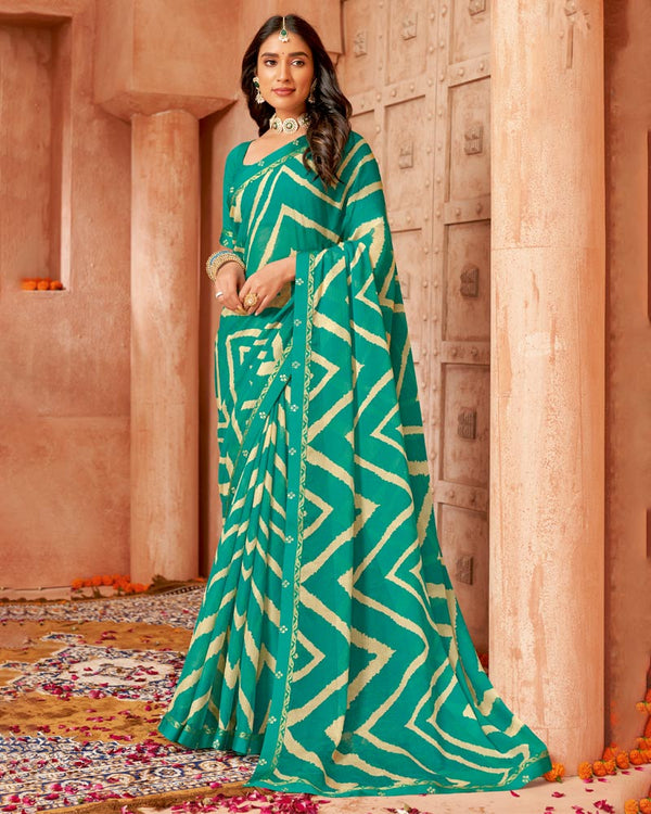 Vishal Prints Aqua Green Printed Chiffon Saree With Fancy Border