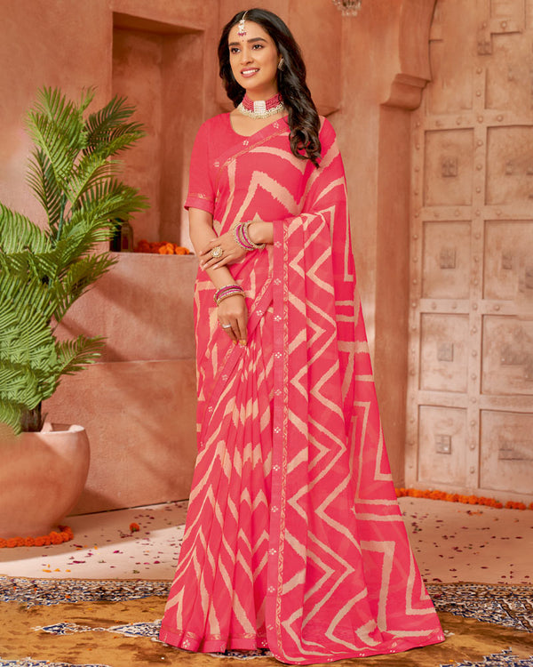 Vishal Prints Red Pink Printed Chiffon Saree With Fancy Border