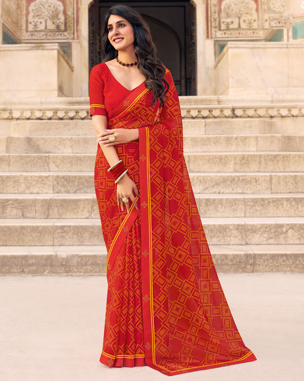 Vishal Prints Tomato Red Printed Chiffon Saree With Fancy Border