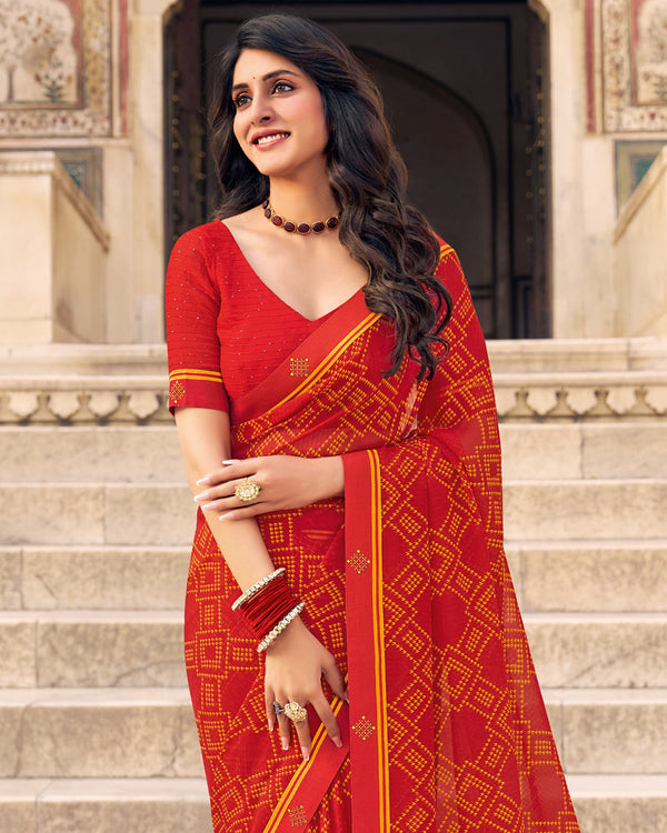 Vishal Prints Tomato Red Printed Chiffon Saree With Fancy Border