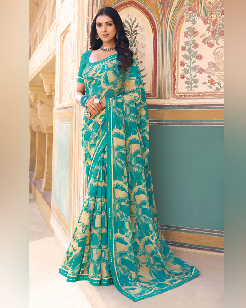 Vishal Prints Dark Turquoise Blue Printed Chiffon Saree With Fancy Border