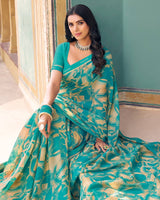 Vishal Prints Dark Turquoise Blue Printed Chiffon Saree With Fancy Border