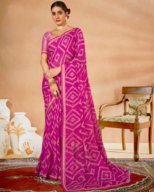 Vishal Prints Dark Fuchsia Printed Chiffon Saree With Fancy Border