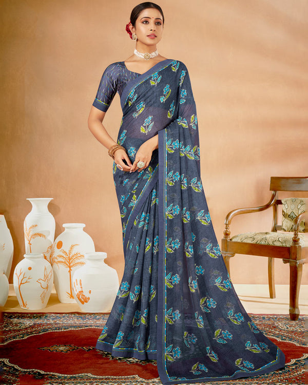 Vishal Prints Comet Grey Printed Chiffon Saree With Fancy Border