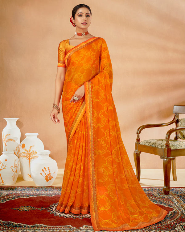 Vishal Prints Orange Printed Chiffon Saree With Fancy Border