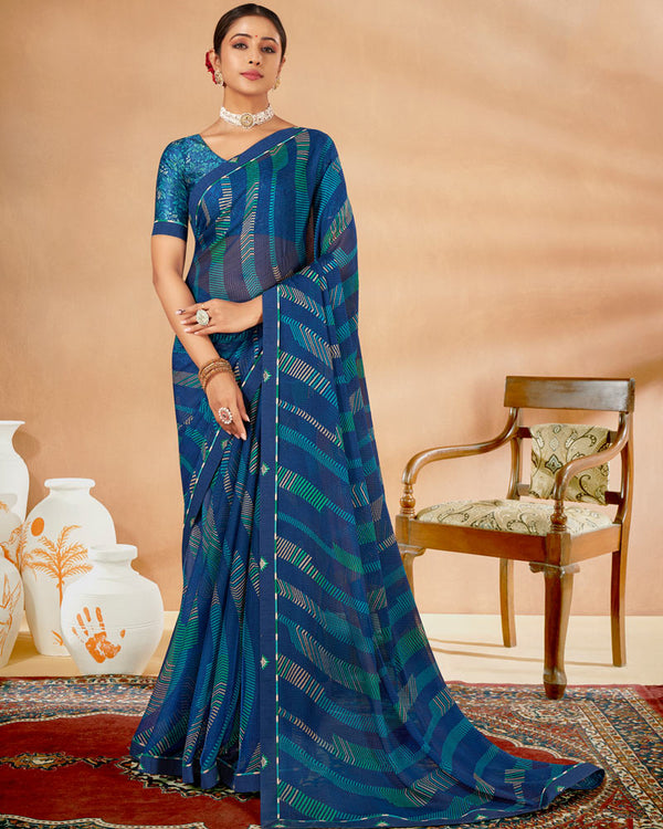 Vishal Prints Dark Aqua Blue Printed Chiffon Saree With Fancy Border