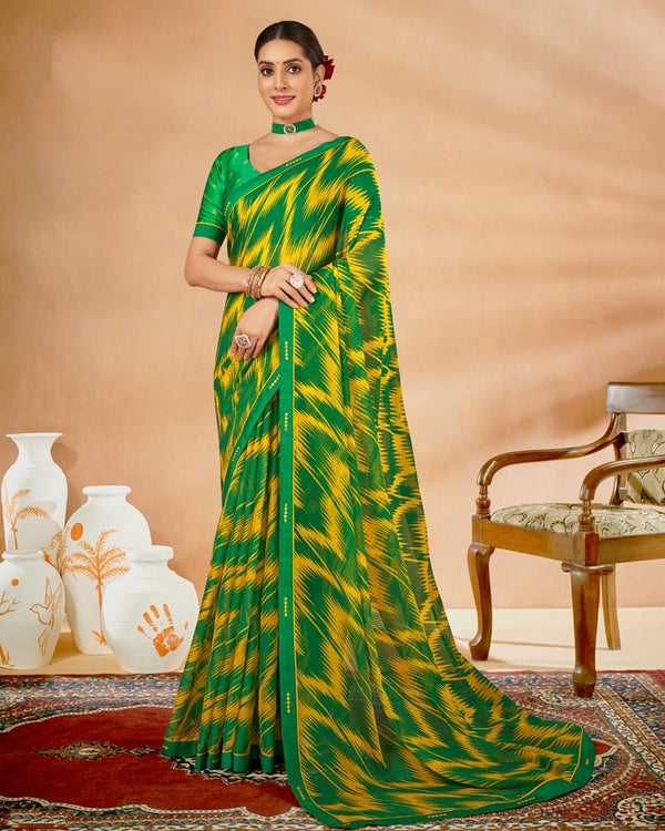 Vishal Prints Dark Green Printed Chiffon Saree With Fancy Border