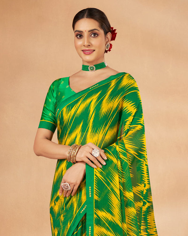 Vishal Prints Dark Green Printed Chiffon Saree With Fancy Border