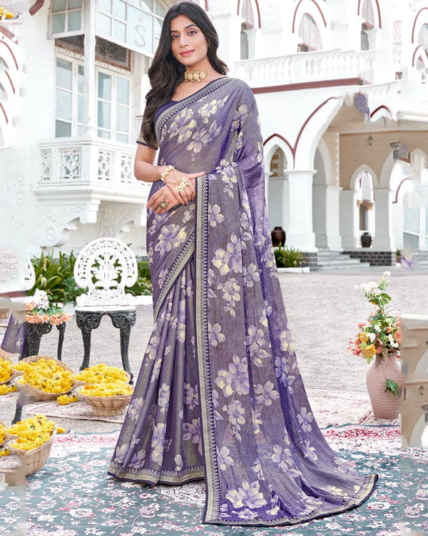 Vishal Prints Bossanova Violet Printed Brasso Saree With Fancy Border