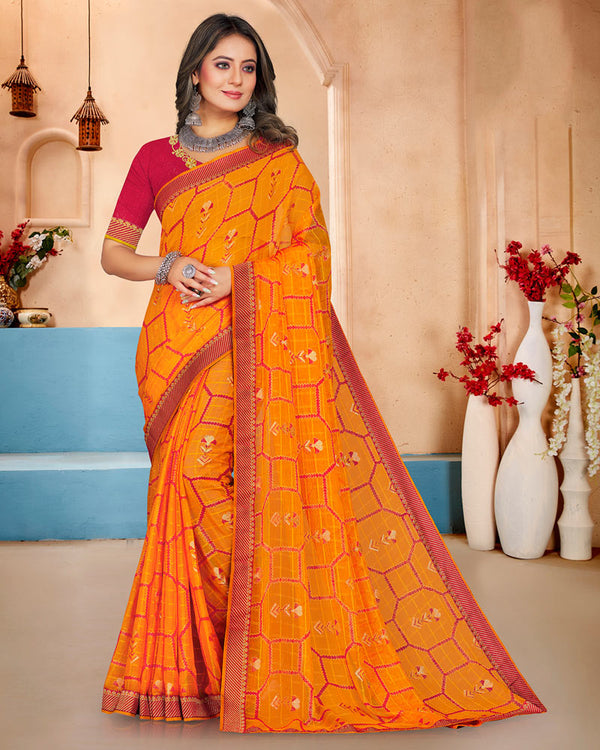 Vishal Prints Orange Brasso Saree With Foil Print And Zari Border