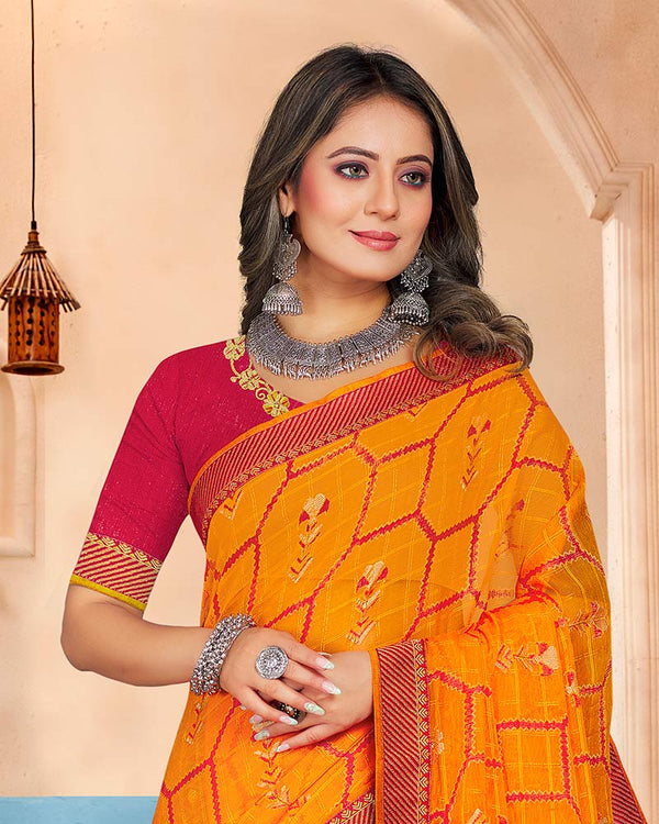 Vishal Prints Orange Brasso Saree With Foil Print And Zari Border