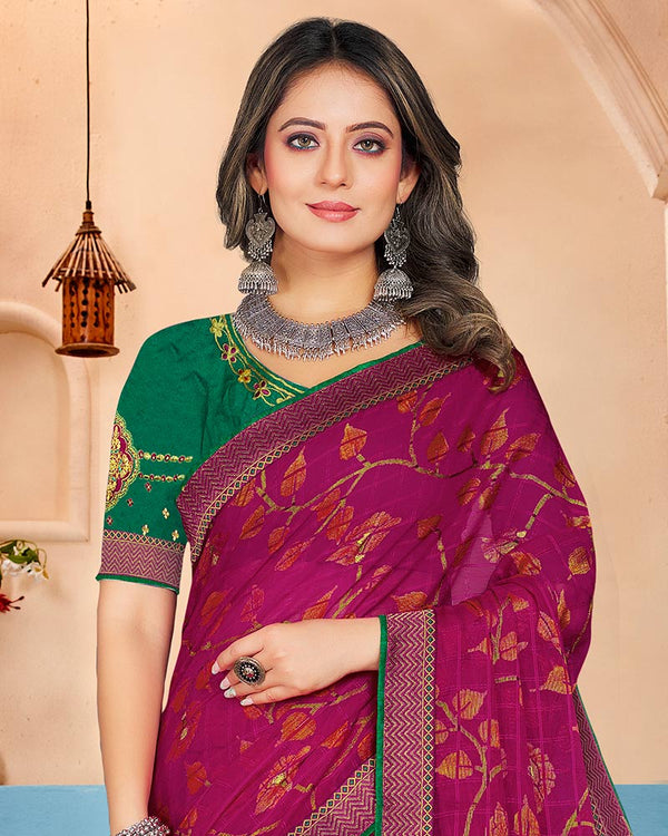 Vishal Prints Maroon Flush Brasso Saree With Foil Print And Zari Border