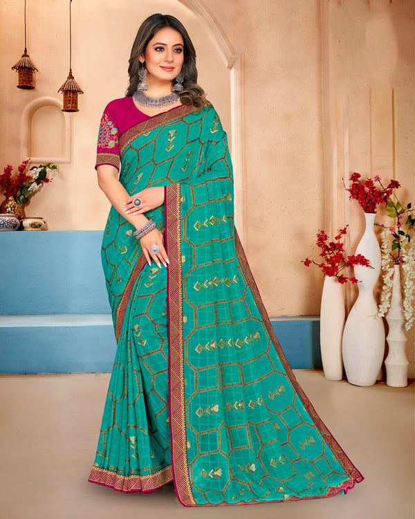 Vishal Prints Teal Blue Brasso Saree With Foil Print And Zari Border