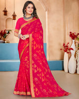 Vishal Prints Pinkish Red Brasso Saree With Foil Print And Zari Border