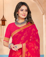 Vishal Prints Pinkish Red Brasso Saree With Foil Print And Zari Border