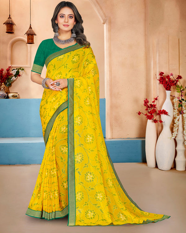 Vishal Prints Yellow Brasso Saree With Foil Print And Zari Border