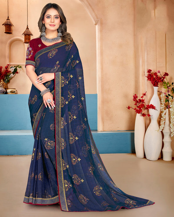 Vishal Prints Navy Blue Brasso Saree With Foil Print And Zari Border