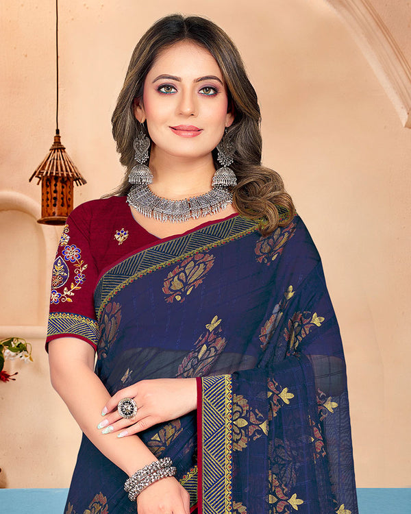 Vishal Prints Navy Blue Brasso Saree With Foil Print And Zari Border