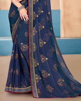 Vishal Prints Navy Blue Brasso Saree With Foil Print And Zari Border