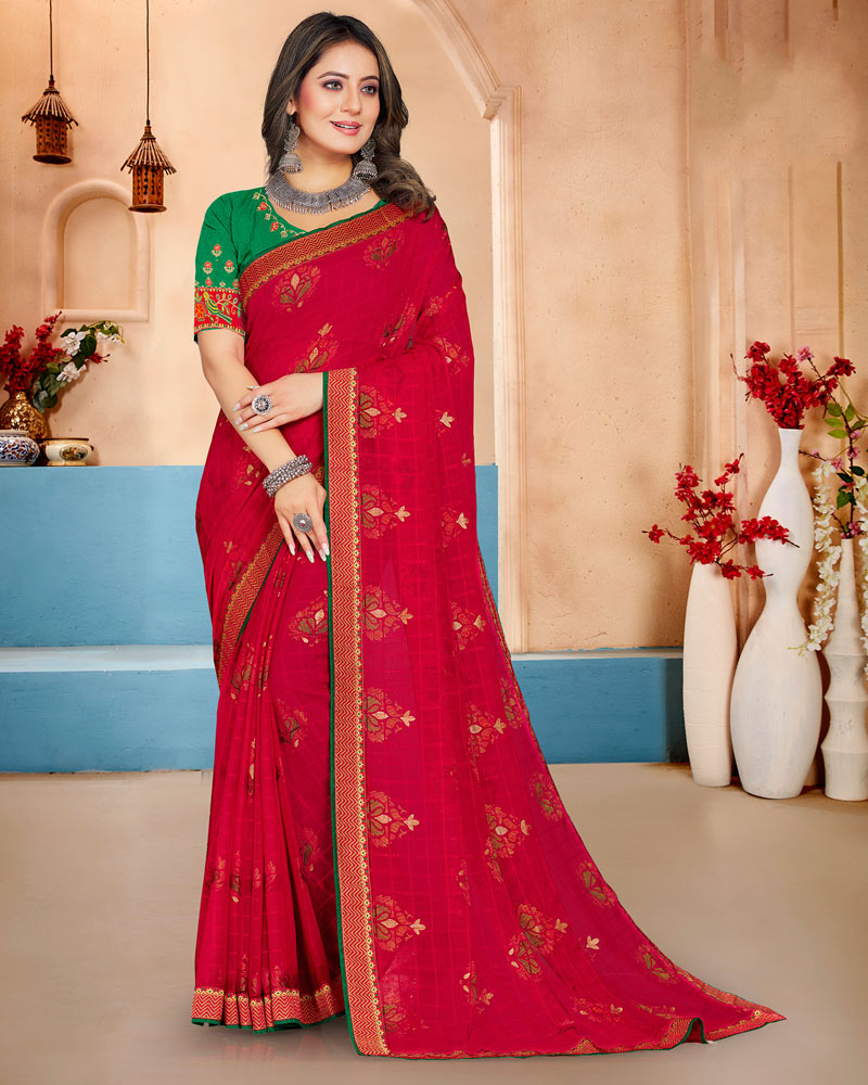 Vishal Prints Cherry Red Brasso Saree With Foil Print And Zari Border