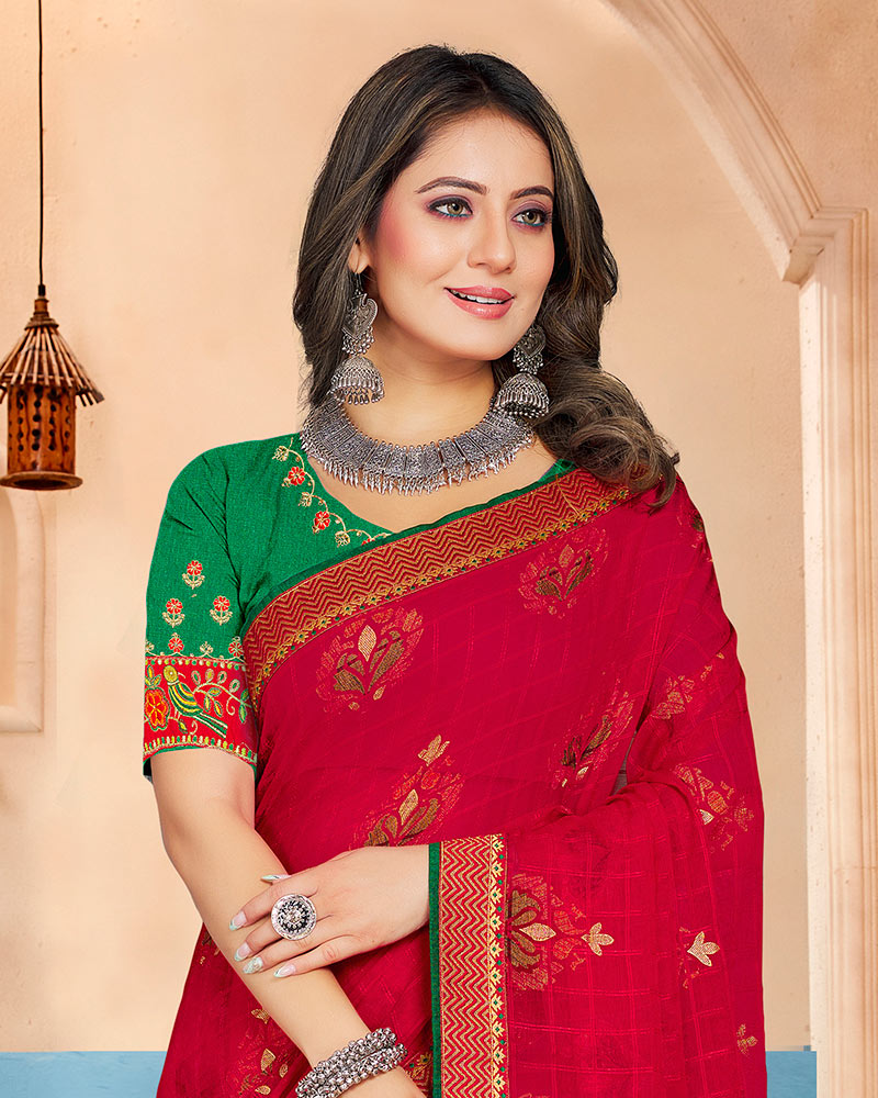 Vishal Prints Cherry Red Brasso Saree With Foil Print And Zari Border