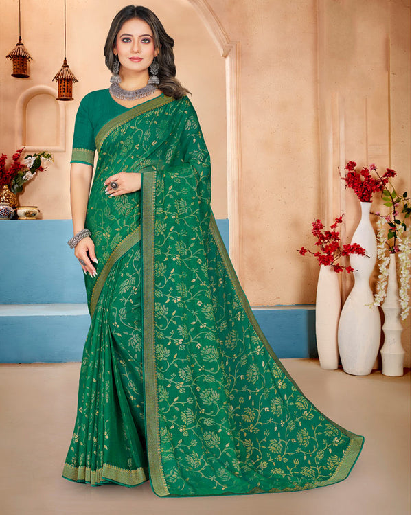 Vishal Prints Rama Green Brasso Saree With Foil Print And Zari Border