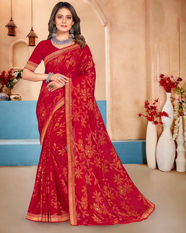 Vishal Prints Cherry Red Brasso Saree With Foil Print And Zari Border