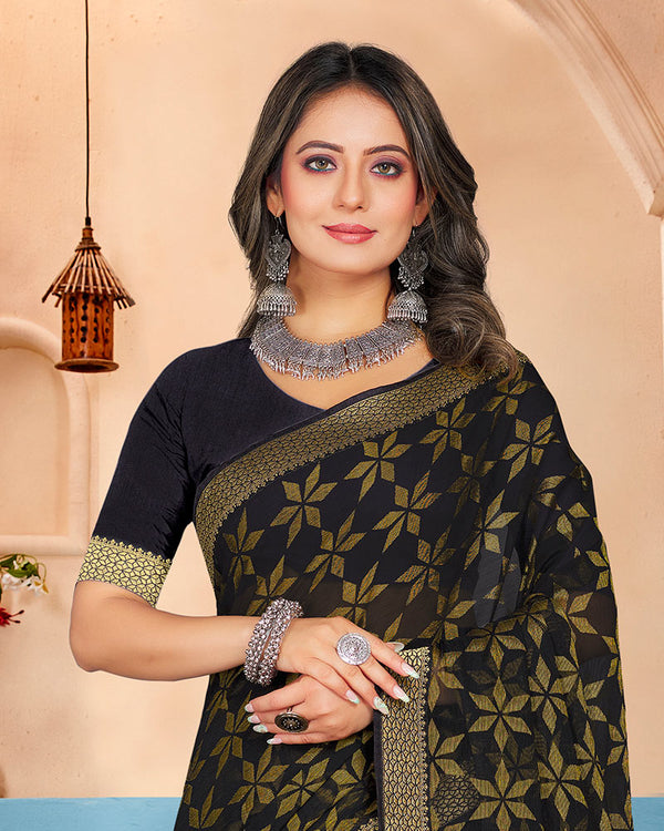 Vishal Prints Black Brasso Saree With Foil Print And Zari Border