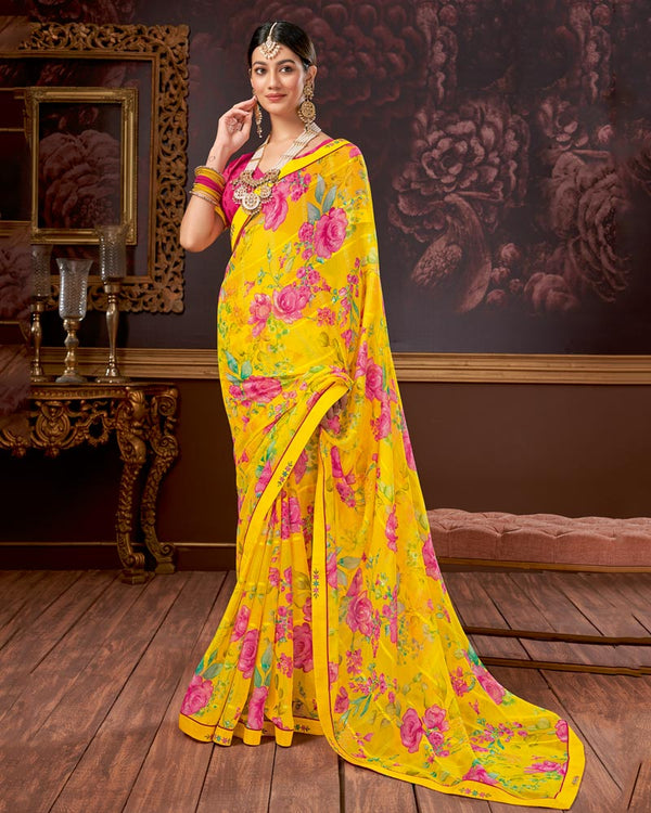 Vishal Prints Yellow Printed Georgette Saree With Fancy Border